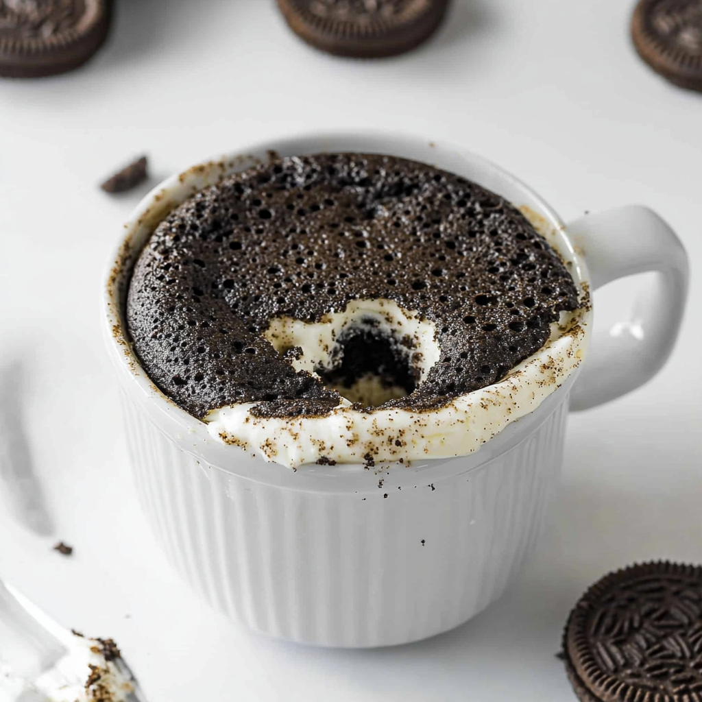 Oreo mug cake with a scoop of whipped cream, with a bite taken out, revealing its soft and moist interior.