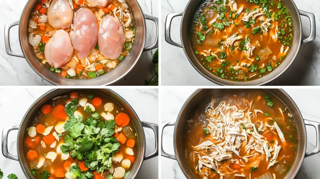 4-panel collage showing static stages of Caldo de Pollo preparation from raw ingredients to simmering soup.