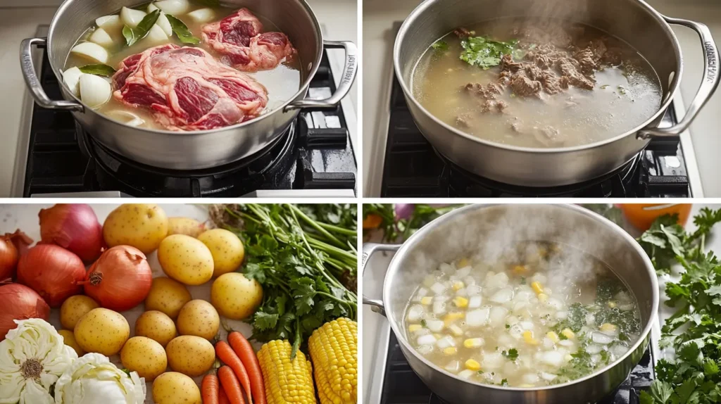 4-panel collage of Caldo de Res preparation showing raw ingredients, simmering broth, vegetable arrangement, and final seasoning.