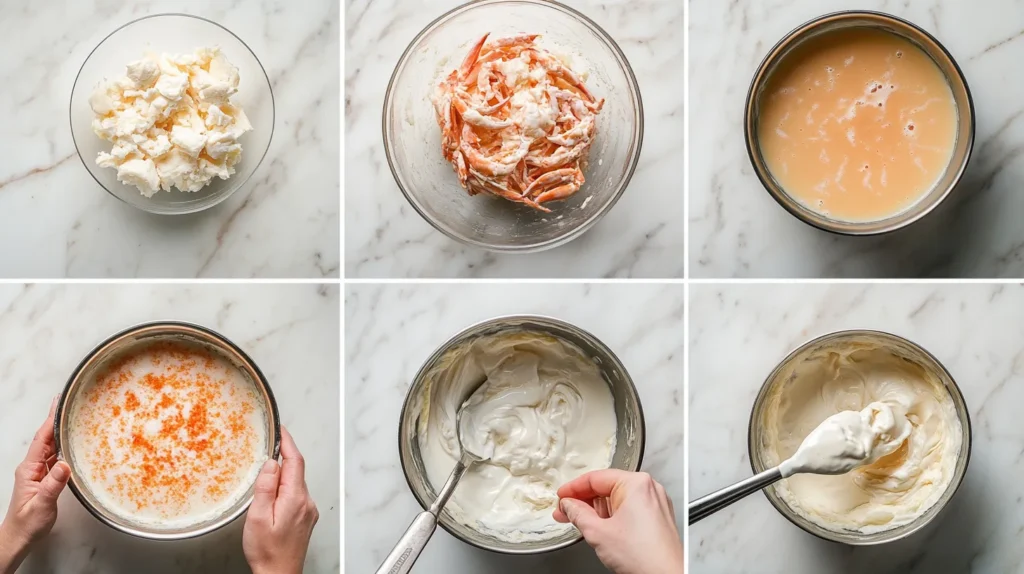 A four-step collage showing the preparation of Crab Brûlée: flaking fresh crab meat, heating cream and shallots, whisking egg yolks, and pouring the mixture into ramekins.