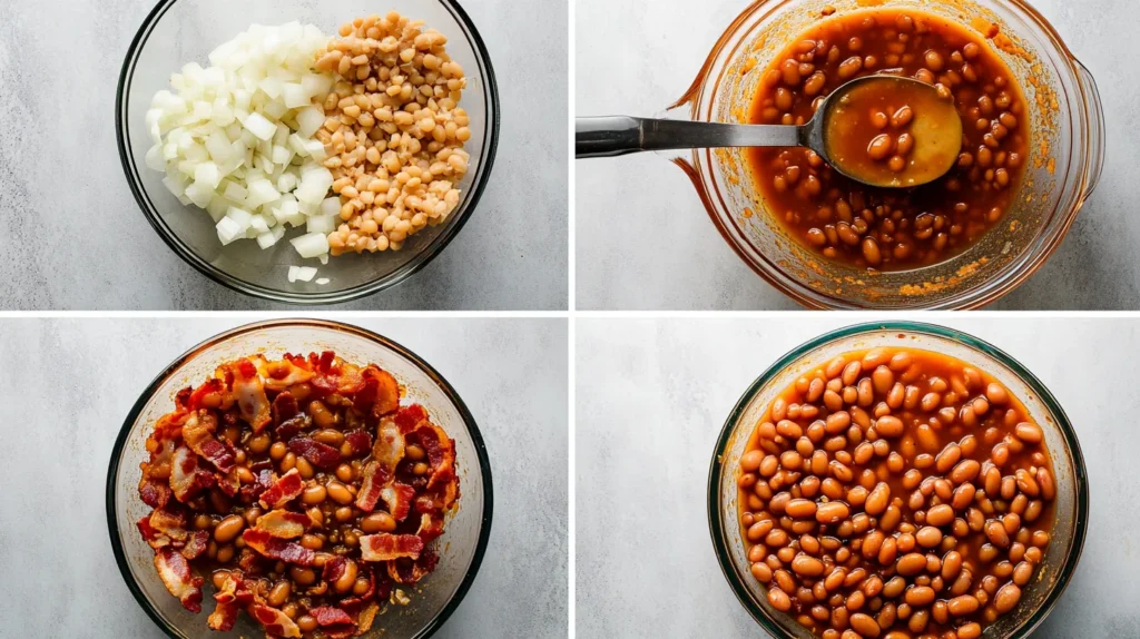 Step-by-step preparation process of easy baked beans including mixing sauce and assembling beans for baking