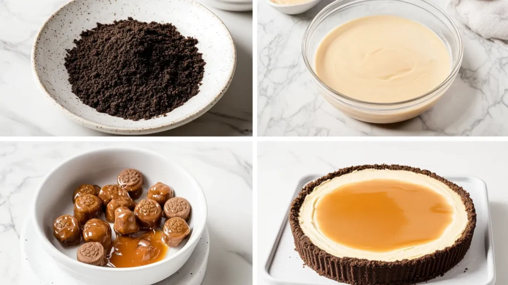 4-panel collage showing static cooking steps for Reese's Caramel Cheesecake including crust preparation, batter mixing, ingredient folding, and baking in a springform pan.