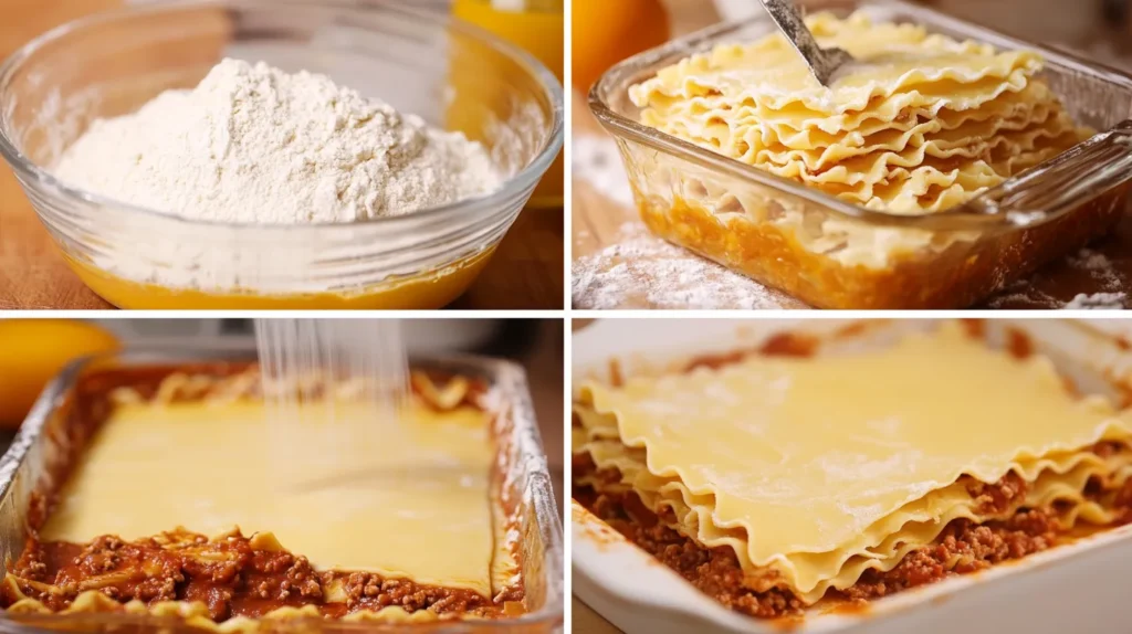 A 4-step collage showing the process of making gluten-free lasagna noodles, from mixing the dough to rolling, cutting, and layering in a baking dish.