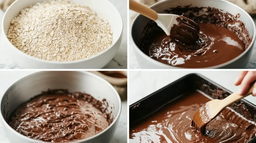 Step-by-step process of making low fat protein oat brownies, from mixing dry and wet ingredients to spreading the batter in a baking pan.