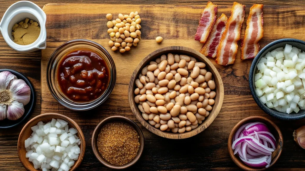 Ingredients for easy baked beans including navy beans, bacon, molasses, and ketchup on a wooden board