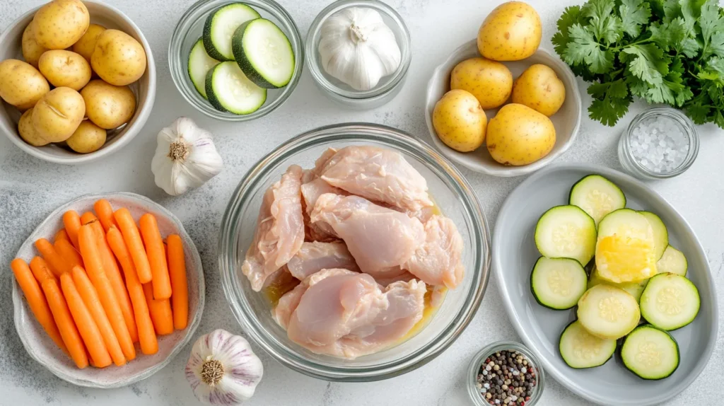 Top view of uncooked Caldo de Pollo ingredients arranged on a marble table.