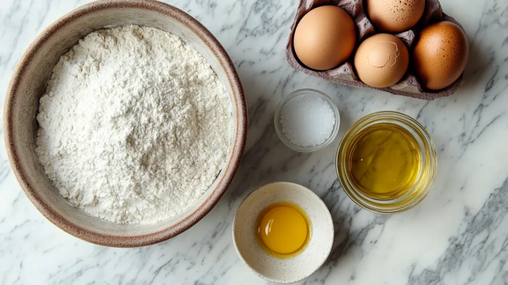 A top-down view of ingredients for homemade gluten-free lasagna noodles, including gluten-free flour, eggs, water, olive oil, and salt, arranged neatly on a marble surface.