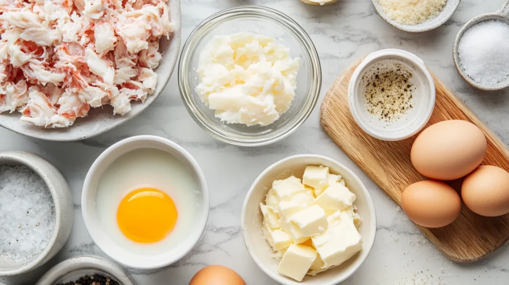 A top-down view of Crab Brûlée ingredients, including fresh lump crab meat, heavy cream, egg yolks, Parmesan cheese, shallots, butter, white pepper, nutmeg, and sugar, neatly arranged on a marble surface.