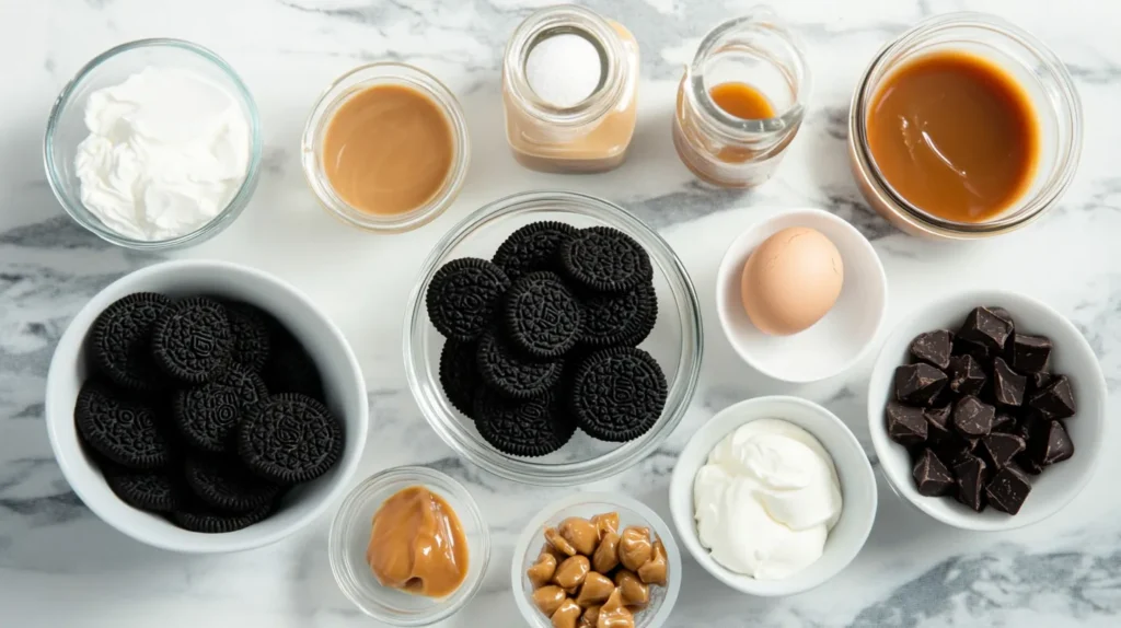 Top view of uncooked ingredients for Reese's Caramel Cheesecake arranged neatly on a white and grey marble table in simple kitchenware.