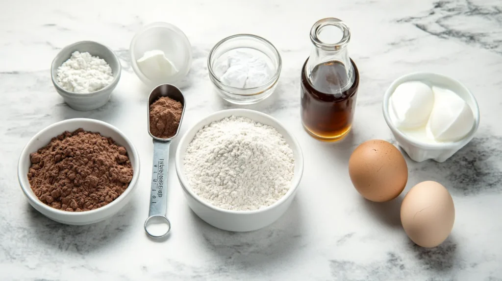 A neatly arranged top view of all ingredients needed for low fat protein oat brownies, including oat flour, cocoa powder, protein powder, Greek yogurt, egg whites, maple syrup, baking powder, and salt.