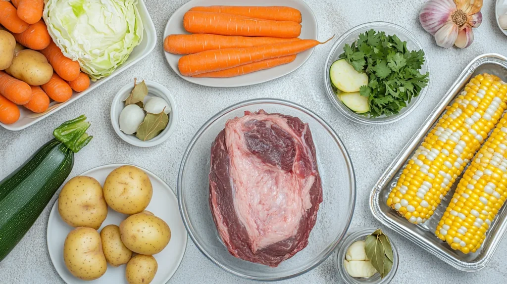 Top view of uncooked ingredients for Caldo de Res arranged on a marble table.