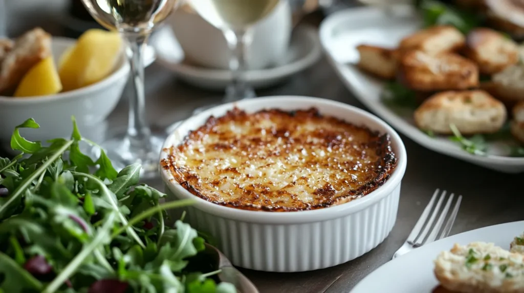 A plated Crab Brûlée served in a white ramekin, accompanied by a fresh arugula salad, buttery crostini, and a glass of white wine on a neatly arranged dinner table.