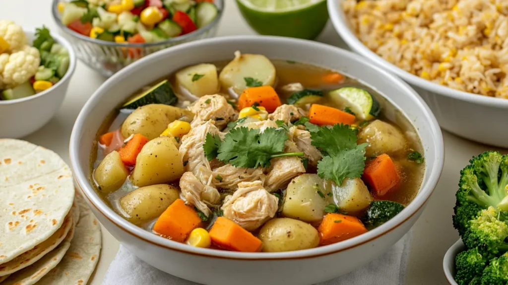 Caldo de Pollo served on a dinner table with complementary sides like salad, tortillas, and Mexican rice.
