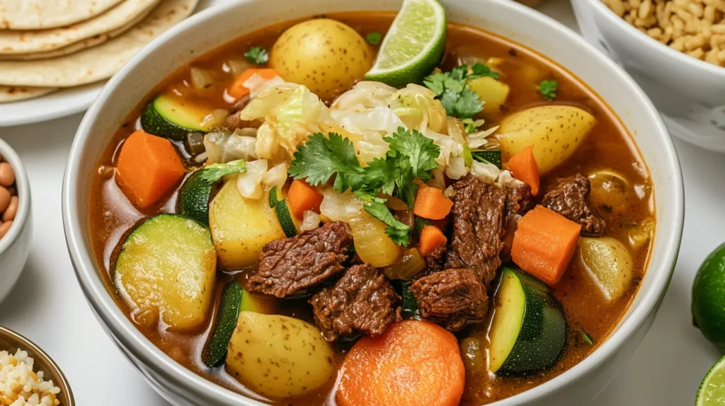 Close-up of Caldo de Res served with refried beans, corn tortillas, and Mexican rice on a dinner table.