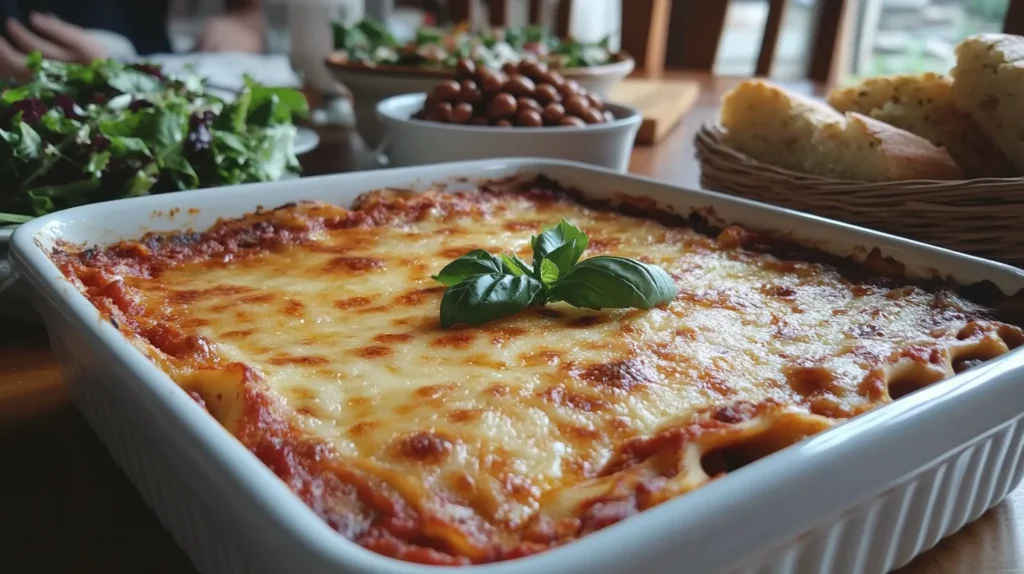 A beautifully served gluten-free lasagna in a ceramic baking dish, garnished with basil, surrounded by a green salad, baked beans, and gluten-free garlic bread.