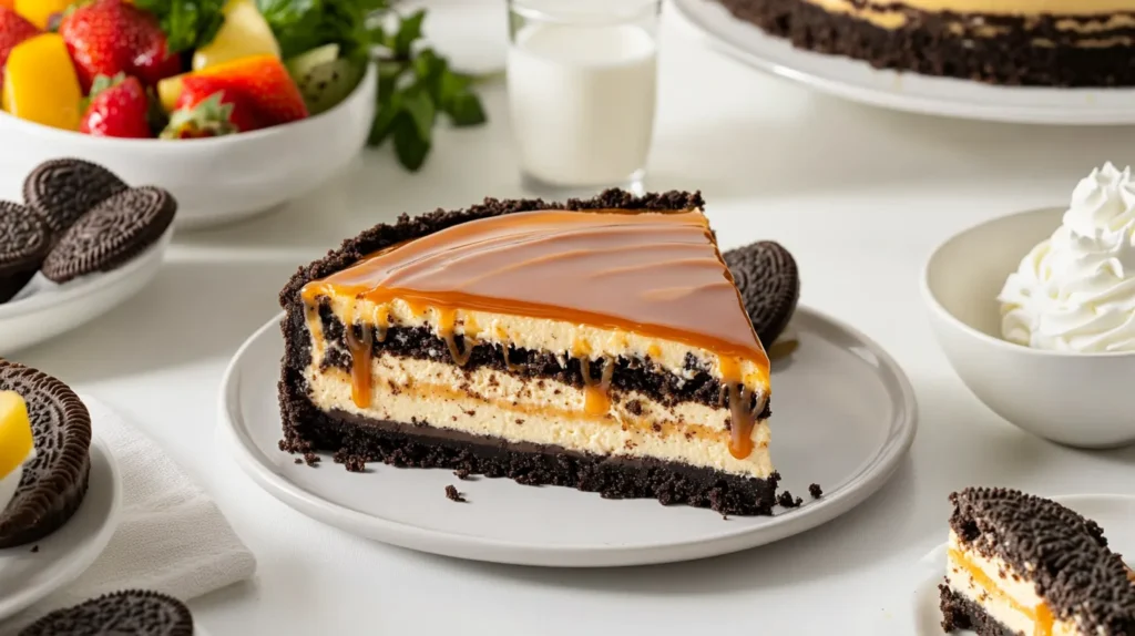 Reese's Caramel Cheesecake slice served on a modern dinner table with fruit salad, whipped cream, and a glass of milk.