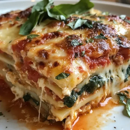 A close-up of a gluten-free lasagna slice with golden melted cheese, marinara sauce, and tender homemade noodles, garnished with fresh basil.