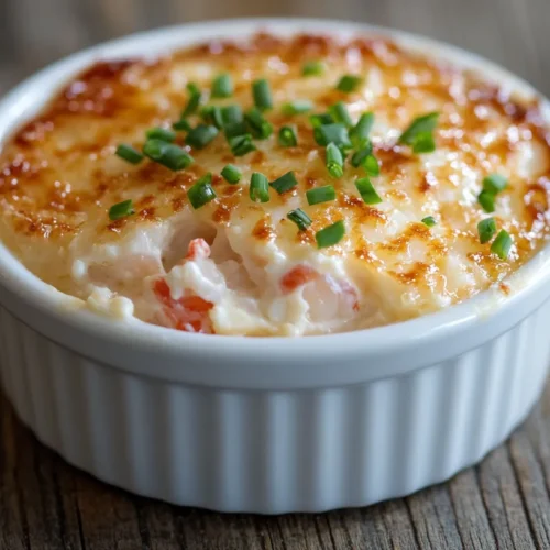 A close-up of a single serving of Crab Brûlée with a golden caramelized sugar crust, cracked open to reveal a creamy, savory custard with fresh crab meat, garnished with chopped chives.
