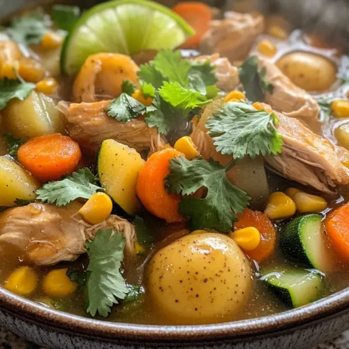 Close-up of Caldo de Pollo in a ceramic bowl with tender chicken, vegetables, and savory broth garnished with cilantro and lime.