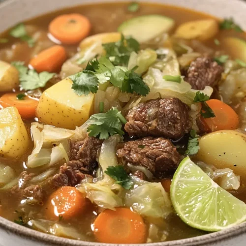 Close-up view of Caldo de Res served in a ceramic bowl with fresh cilantro and lime wedges.