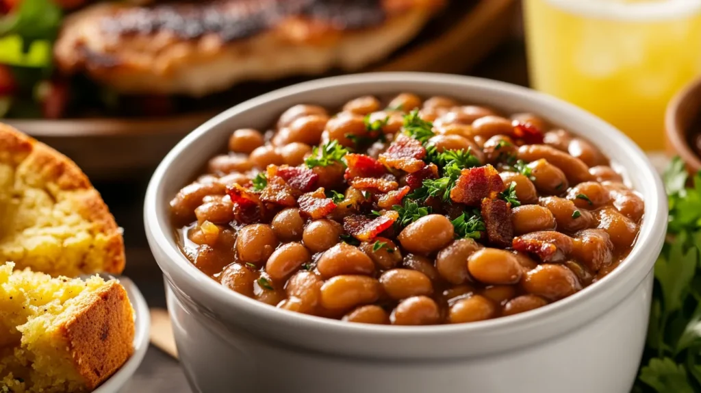 Homemade baked beans served alongside grilled chicken, cornbread, and vegetables