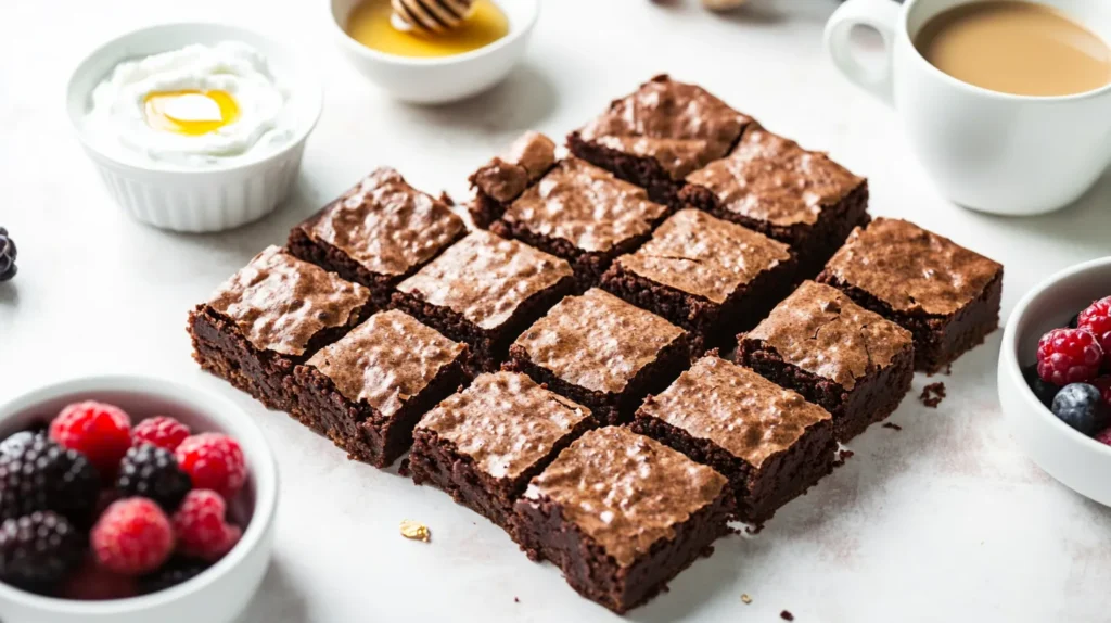 A plate of low fat protein oat brownies served with fresh berries, Greek yogurt, and coffee on a cozy dessert table.