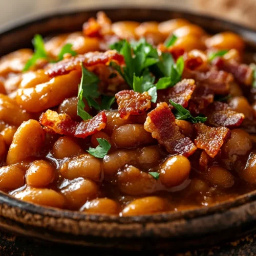 A bowl of easy baked beans with a thick, savory sauce, topped with crispy bacon bits