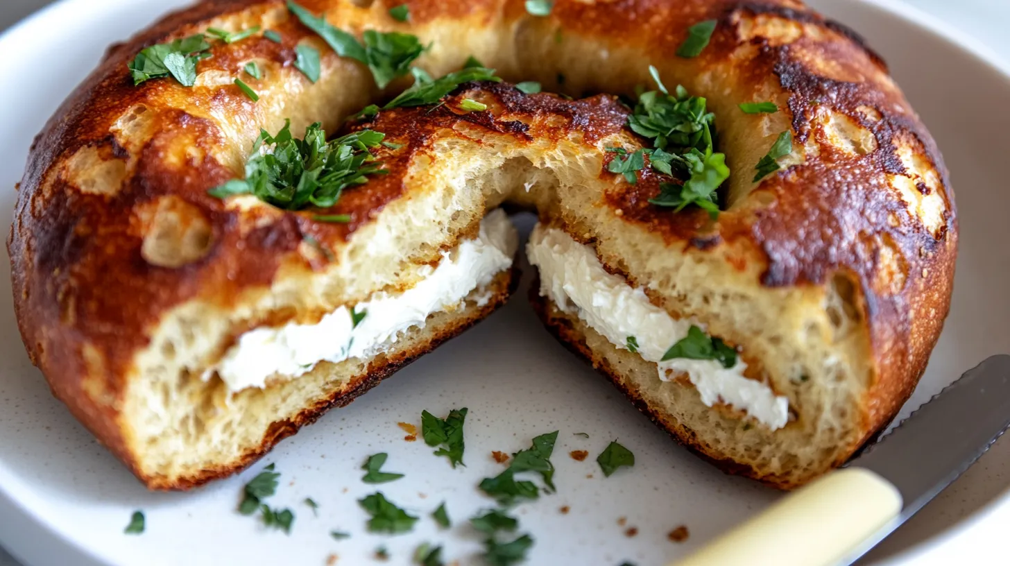 A freshly baked sourdough bagel sliced in half, revealing its chewy interior, lightly toasted and topped with cream cheese, served on a white ceramic plate.