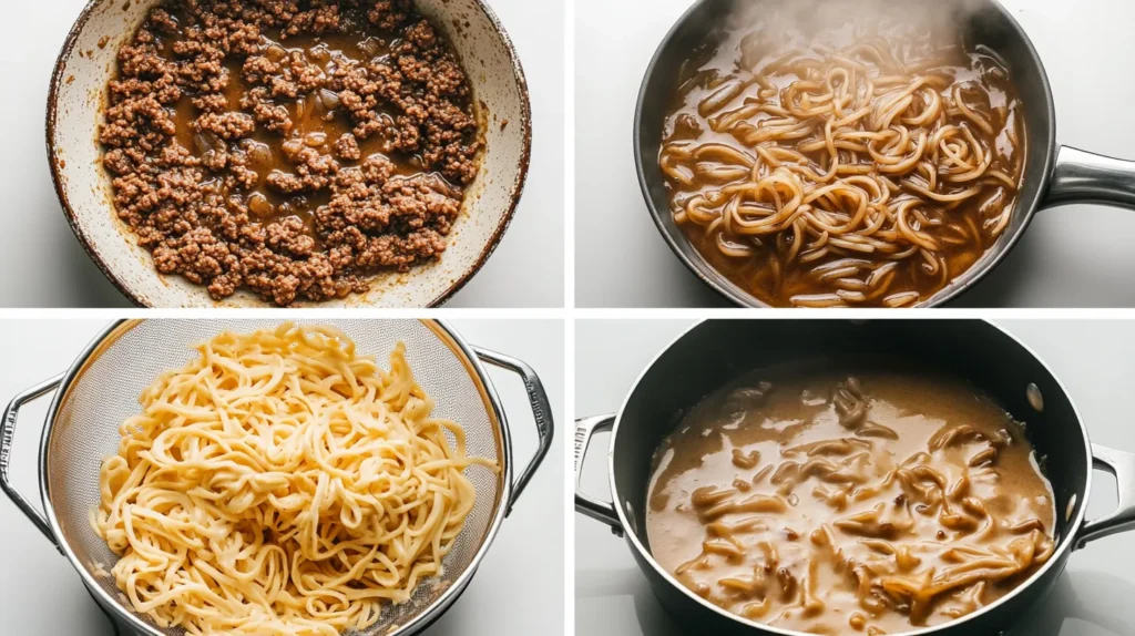 Step-by-step collage showing how to cook French onion beef and noodles