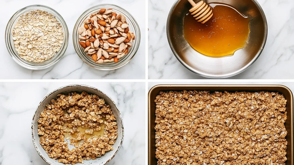 4-panel collage of the static preparation steps for homemade granola.