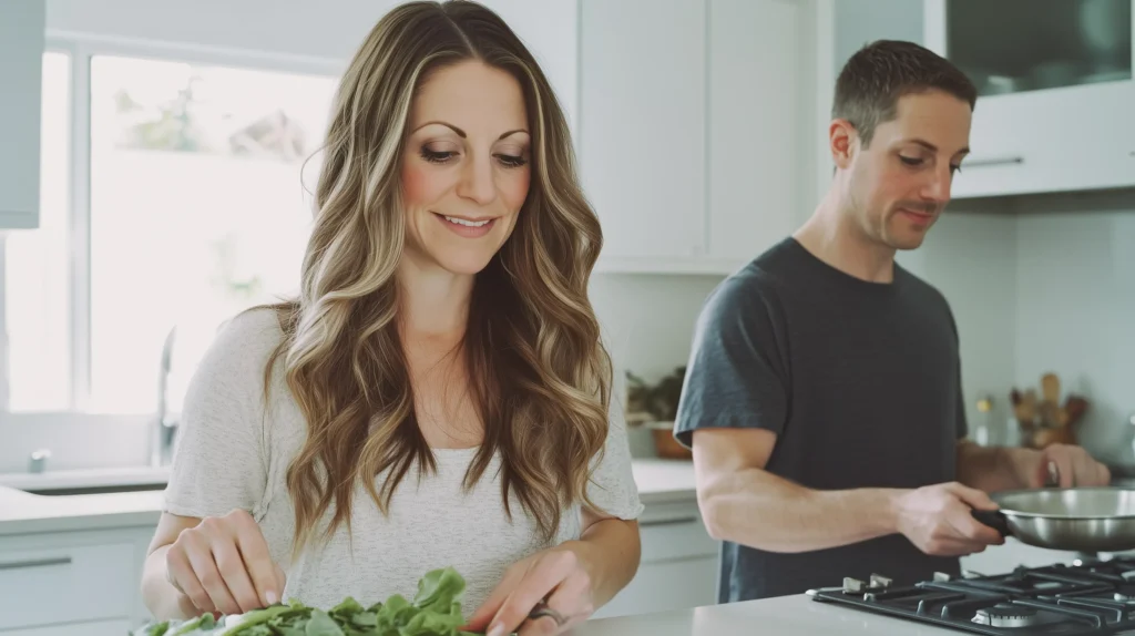 Cooking with my husband in our bright kitchen, preparing a homemade meal together.
