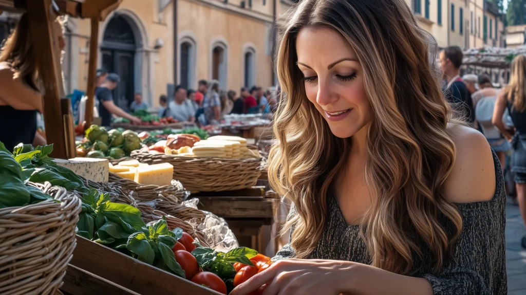 Exploring a vibrant Italian market, picking fresh ingredients and soaking in the local flavors.