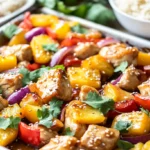 Close-up of Hawaiian chicken sheet pan with roasted pineapple, bell peppers, and glazed chicken.