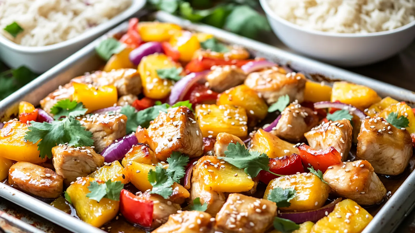 Close-up of Hawaiian chicken sheet pan with roasted pineapple, bell peppers, and glazed chicken.