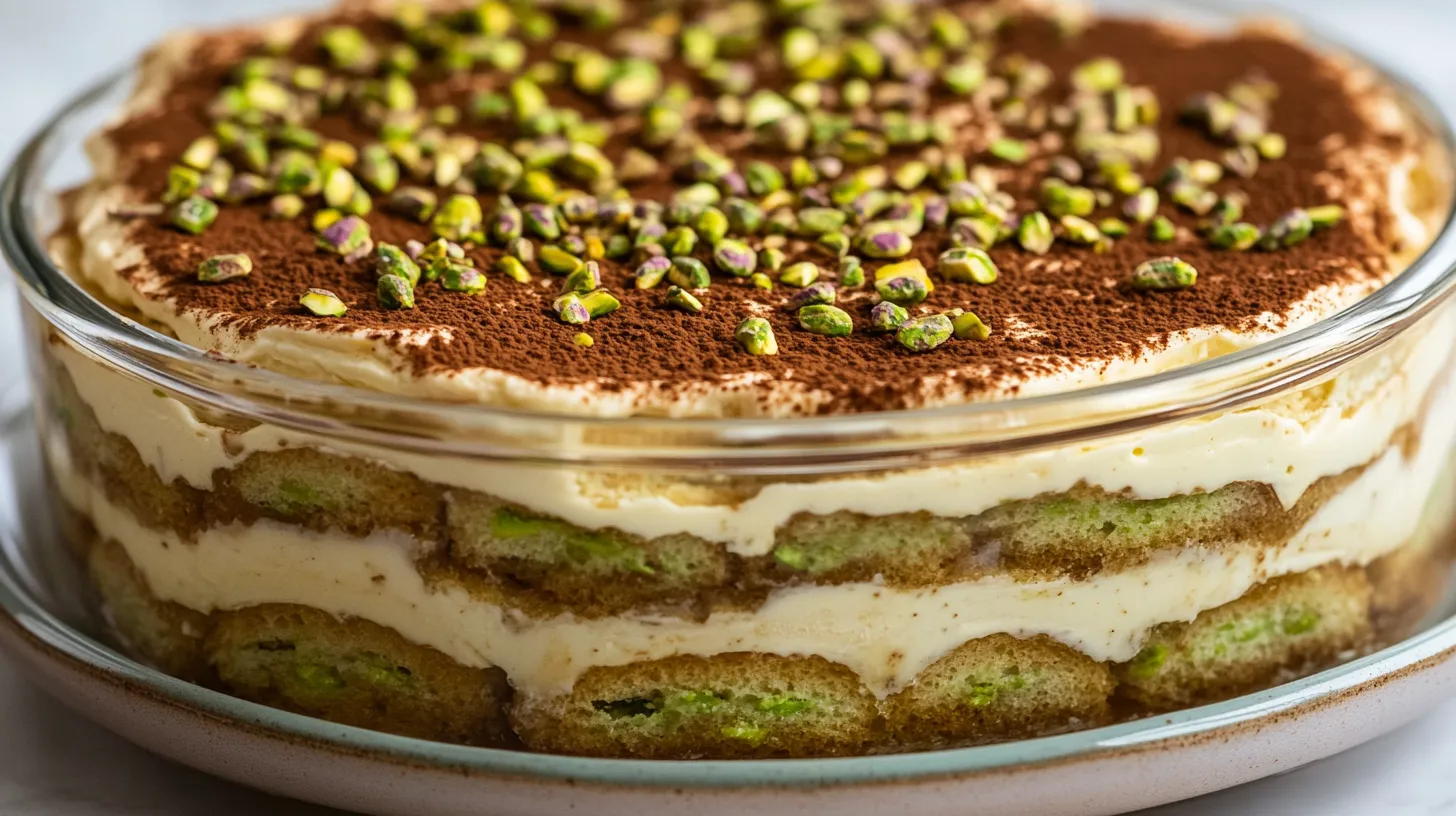 Close-up of a Pistachio Tiramisu with layers of coffee-soaked ladyfingers, creamy pistachio mascarpone, and a crunchy pistachio topping, served in a glass dish.