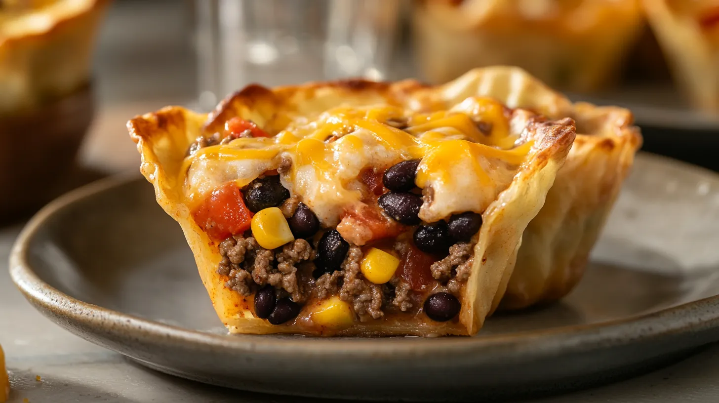 A close-up of a crispy taco cupcake with golden wonton wrappers, seasoned beef, melted cheese, black beans, tomatoes, and corn, served on a ceramic plate.