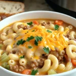 Close-up of creamy cheeseburger macaroni soup in a white bowl with beef, pasta, and cheddar cheese