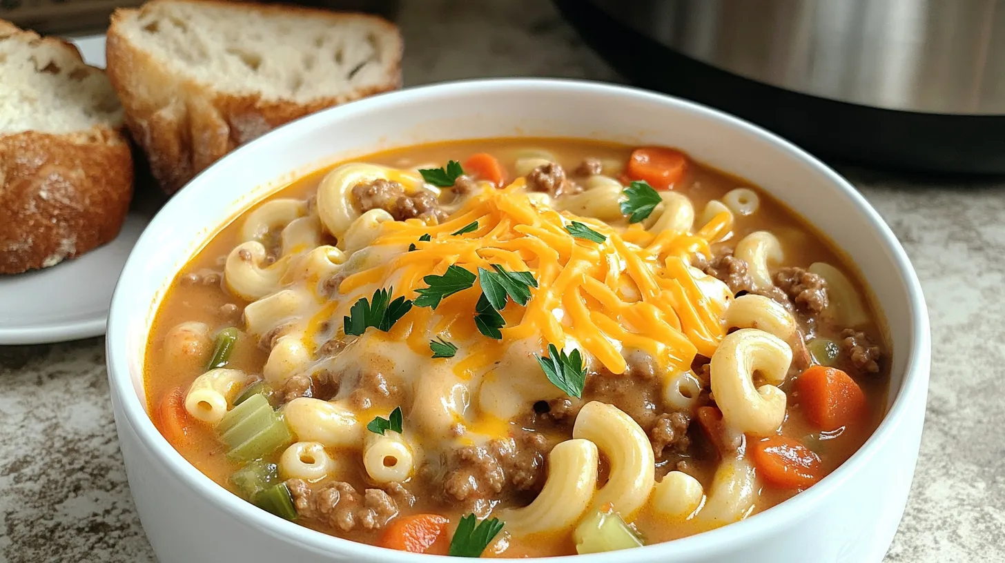 Close-up of creamy cheeseburger macaroni soup in a white bowl with beef, pasta, and cheddar cheese