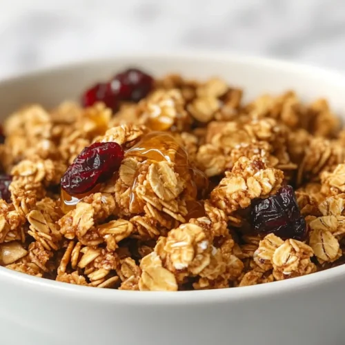 Close-up view of golden homemade granola in a white ceramic bowl with toasted oats, nuts, and dried cranberries.