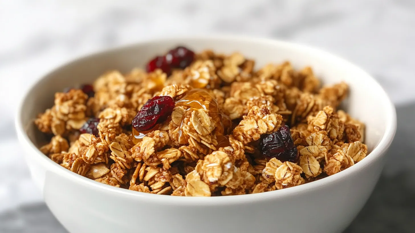 Close-up view of golden homemade granola in a white ceramic bowl with toasted oats, nuts, and dried cranberries.