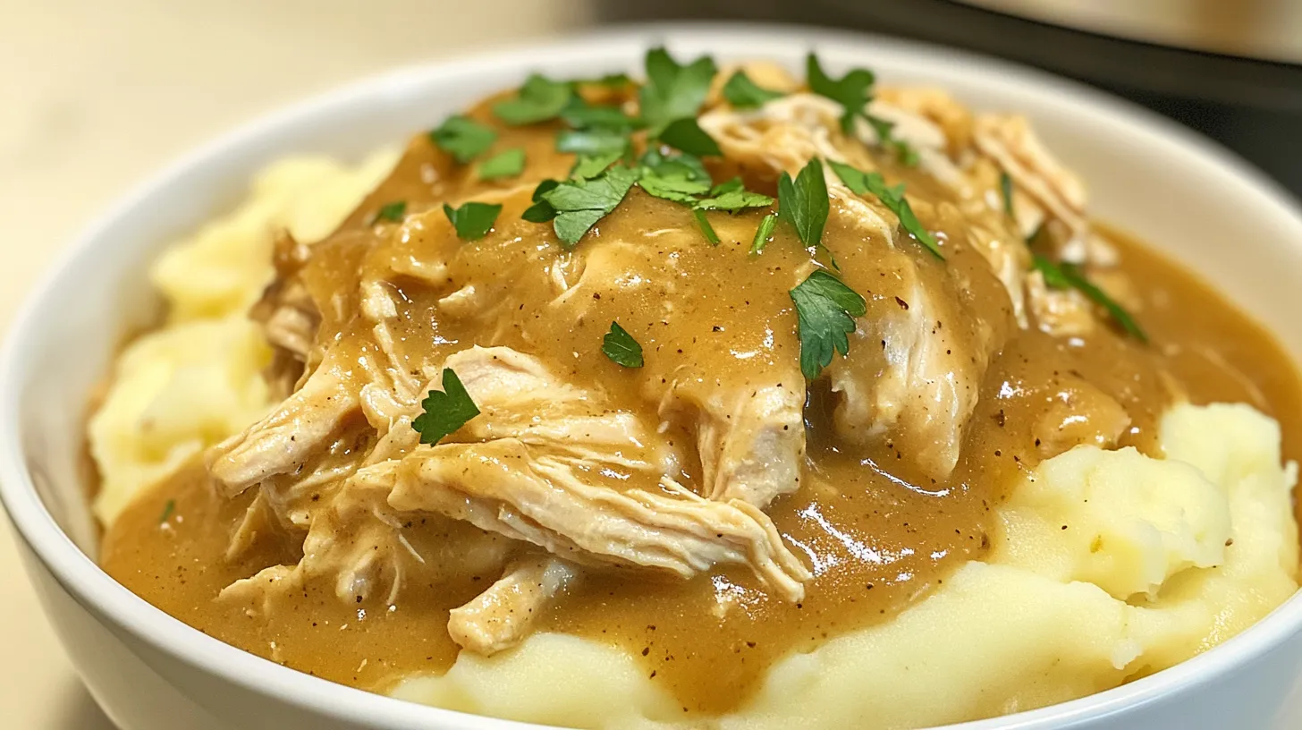 A close-up of Crockpot Chicken and Gravy, featuring shredded chicken in a creamy golden sauce, served over mashed potatoes and garnished with fresh parsley.