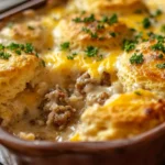 Close-up view of a biscuits and gravy casserole with golden biscuits, creamy sausage gravy, melted cheese, and fresh parsley garnish.