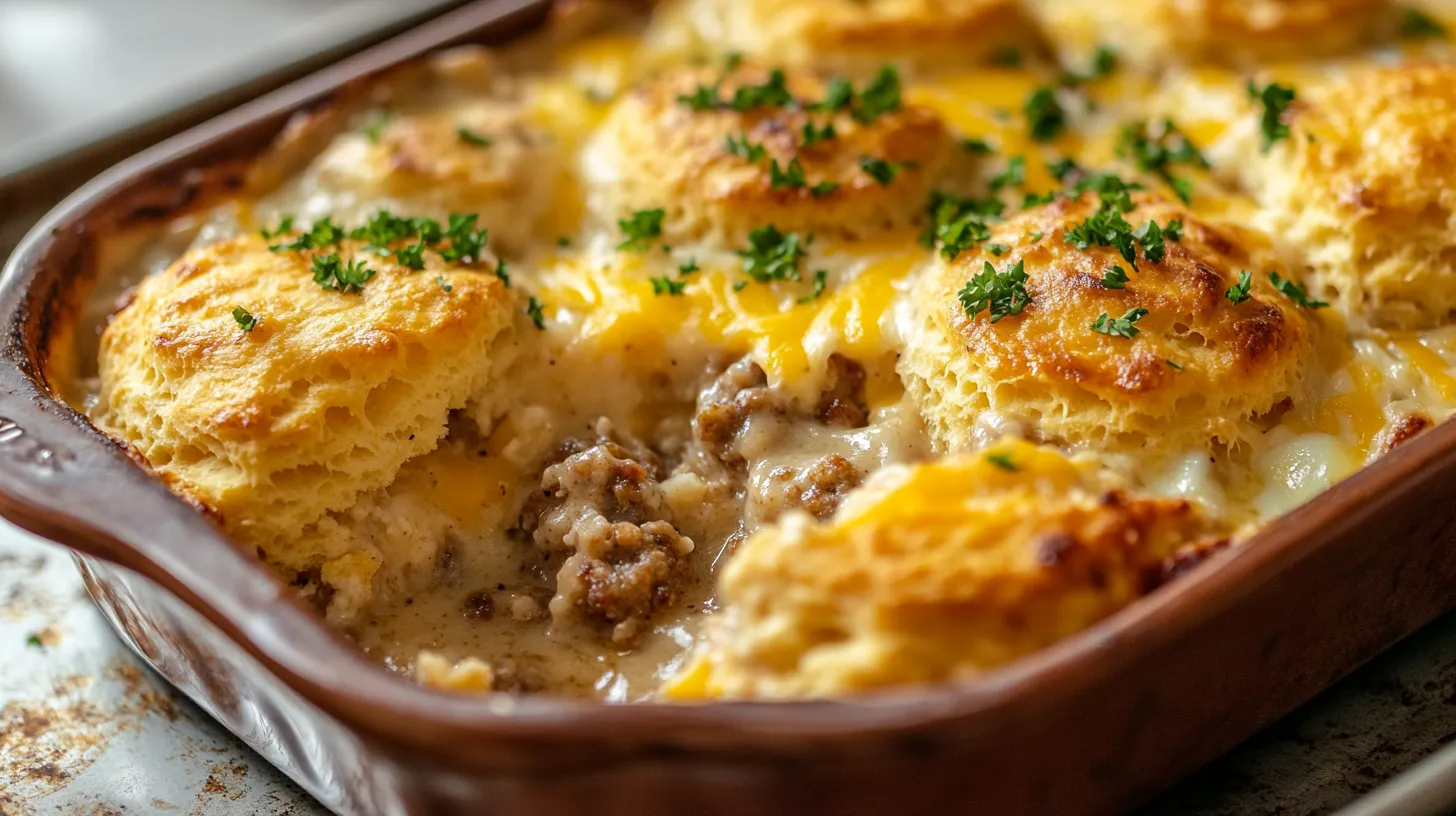 Close-up view of a biscuits and gravy casserole with golden biscuits, creamy sausage gravy, melted cheese, and fresh parsley garnish.