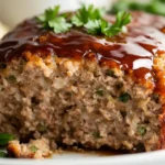 A close-up of a sliced Stove Top Stuffing Meatloaf with a caramelized glaze, garnished with fresh parsley, served on a white plate with mashed potatoes and green beans.