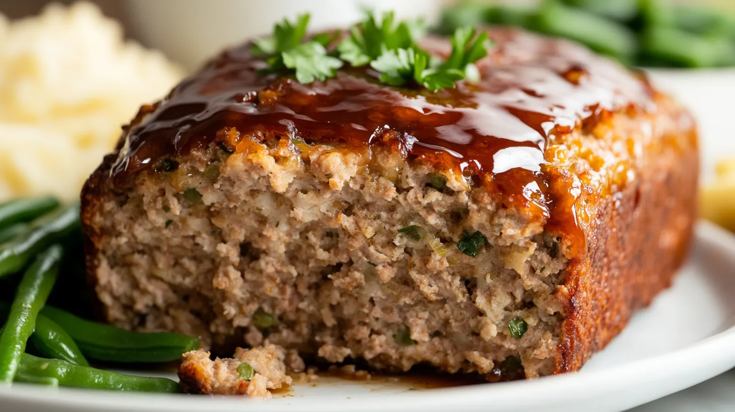 A close-up of a sliced Stove Top Stuffing Meatloaf with a caramelized glaze, garnished with fresh parsley, served on a white plate with mashed potatoes and green beans.