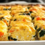 Close-up of a cottage cheese egg bake with golden top and visible veggies served in a white baking dish.