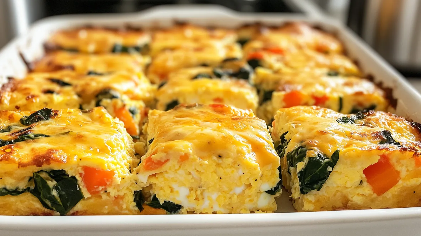 Close-up of a cottage cheese egg bake with golden top and visible veggies served in a white baking dish.