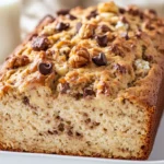 A close-up of freshly baked cottage cheese banana bread with a golden crust, sliced to reveal its soft, moist interior. Topped with walnuts and chocolate chips, with a drizzle of honey on top.