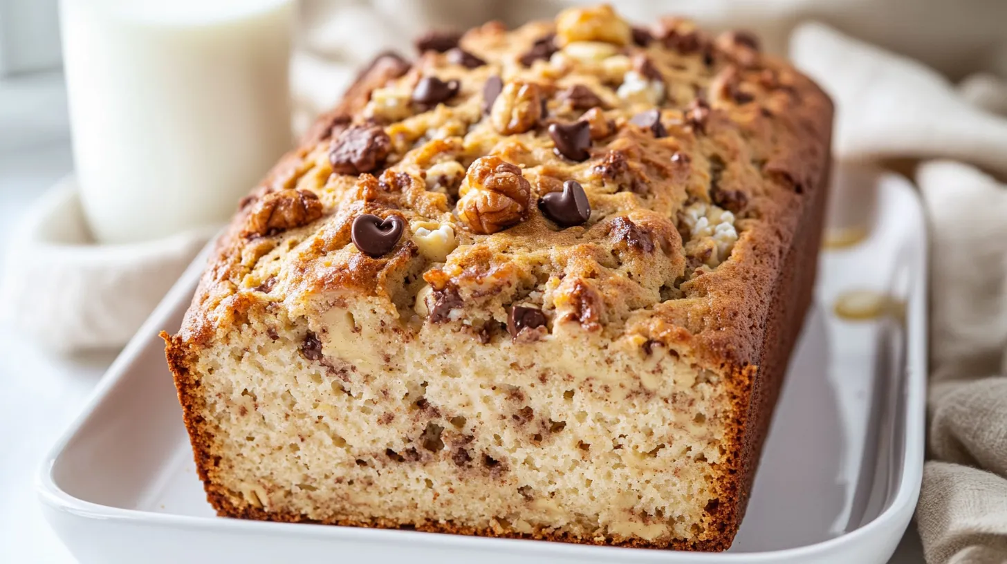 A close-up of freshly baked cottage cheese banana bread with a golden crust, sliced to reveal its soft, moist interior. Topped with walnuts and chocolate chips, with a drizzle of honey on top.