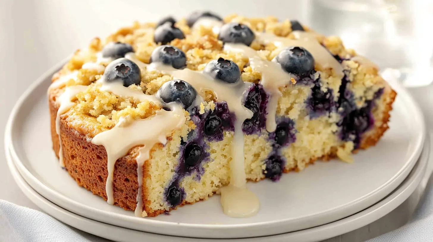 A close-up of lemon blueberry coffee cake with crunchy streusel topping, fresh blueberries and lemon glaze on a white ceramic plate.